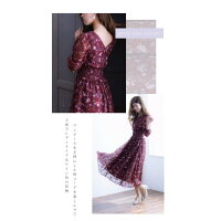 Raylily(レイリリー)ワインフラワーシャーリングパフスリーブロングドレス秋ワンピマキシ丈