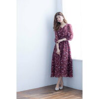 Raylily(レイリリー)ワインフラワーシャーリングパフスリーブロングドレス秋ワンピマキシ丈