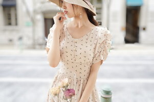 Raylily(レイリリー)小花柄ウエストシャーリングパフスリーブワンピ