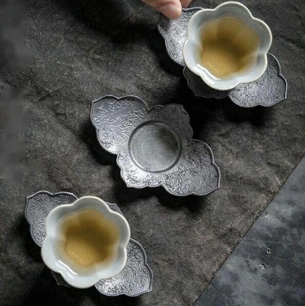 錫製 茶托 花菱形 3点セット お茶 茶道 茶器 花形 プレゼント トレイ トレー 茶承 茶盆 贈り物 旅行セット 敬老の日