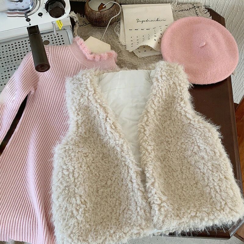 キッズ ベスト ファーベスト+ニットスカートセット 女の子 ジレ 子供服 ファーカーディガン 前開き フ