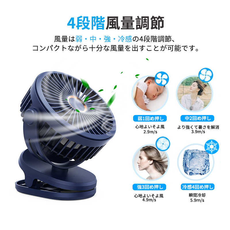 扇風機 クリップ USB扇風機 卓上扇風機 720度回転 10000mAh電池内蔵 小型 4段階風量切替 超静音 大風 - 3
