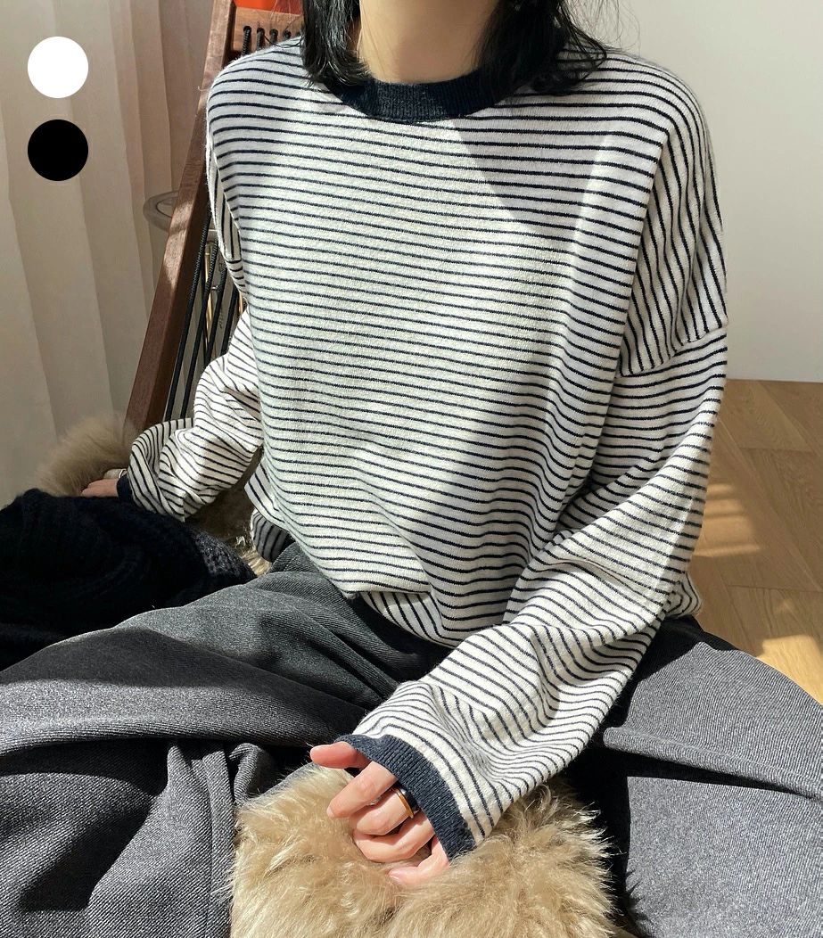 乐天商城 - tシャツ レディース トップス 長袖 薄手 ラウンドネック ボーダー柄 カットソー 綿 プルオーバー 大きいサイズ ゆったり かわいい おし