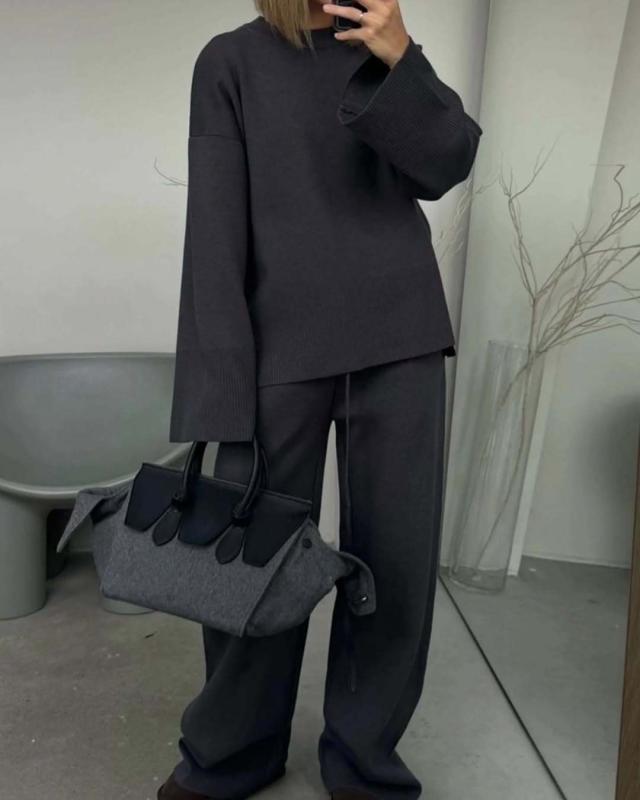 ニット レディース 春秋 2点セット 長袖 セーター ワイドレッグパンツ ゆったり 普段使い 部屋着 ポリ..