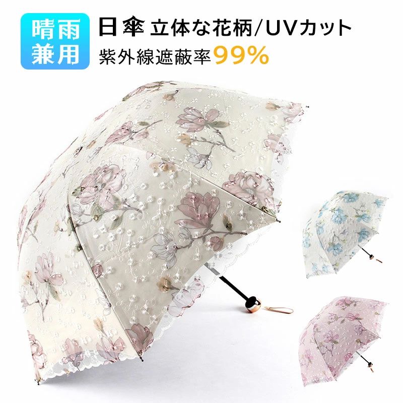 かわいい：傘全面に一重のレースが張っています。レースにはかわいい立体的な花柄デザイン、見た目は上品で高級感があります。 UVカット：傘の裏側は遮光PU生地になっており、しっかりとした「濃い影」を作ります。散乱光、照り返しの紫外線・赤外線も吸収し、まぶしくなく、目にとても優しいです。紫外線99%カット、可視光線95%以上カットの完全遮光日傘です。 遮熱傘生地を二重張りにすることで生まれる表面生地と裏側生地に空間を作ることで直接熱が伝わりにくく、空間に溜まった熱気は歩いている間に傘の外側の隙間より自然に流してくれます。 性能：しっかりしている骨組み、錆に強い、酸やアルカリも耐えます。8本のグラスファイバーとアルミニウム合金製の傘骨を採用し、風にも強くて、長持ちできます。メーカー希望小売価格はメーカーサイトに基づいて掲載しています