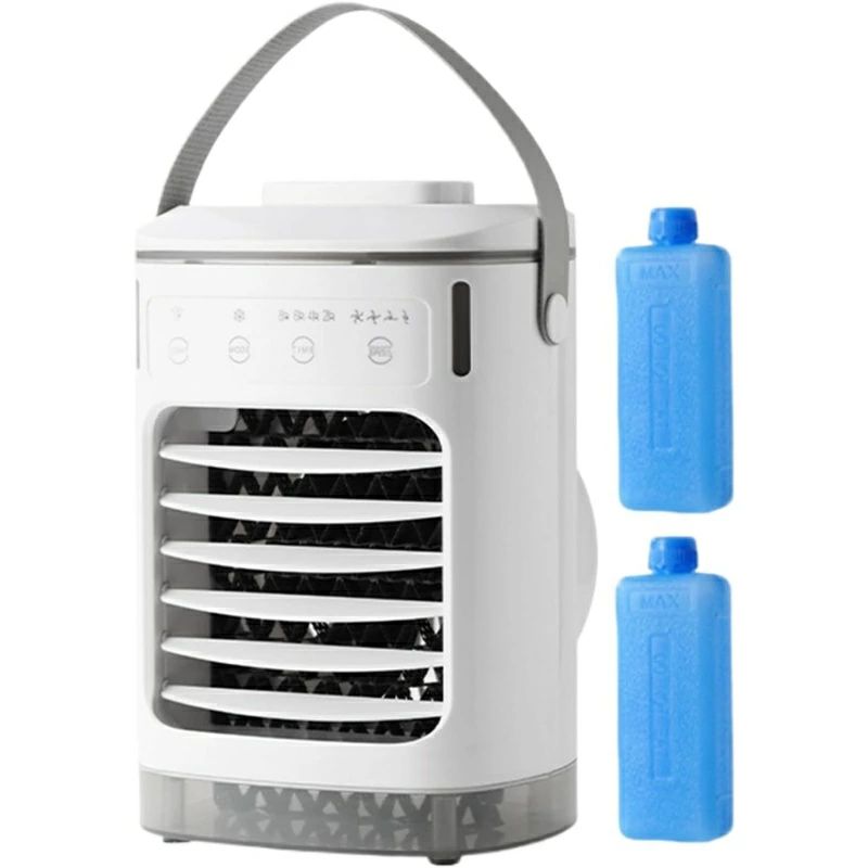 冷風機 卓上冷風機 小型 ポータブル水冷エアコン 冷風扇風機 保冷剤2個付き 4段階風量 冷却 氷いれ可能 900ML大容量水タンク 4段階タイ
