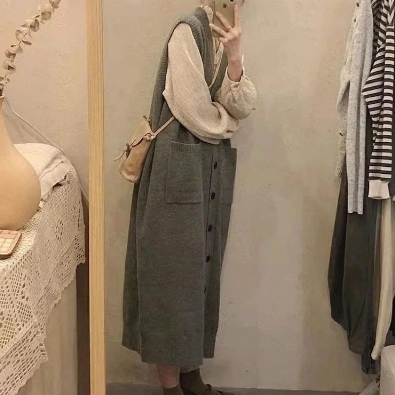 樂天商城 - ワンピース 韓国 ロング Vネック ニット 大きいサイズ ソフト ベストワンピース スラウチースタイル セーターワンピース レディース の