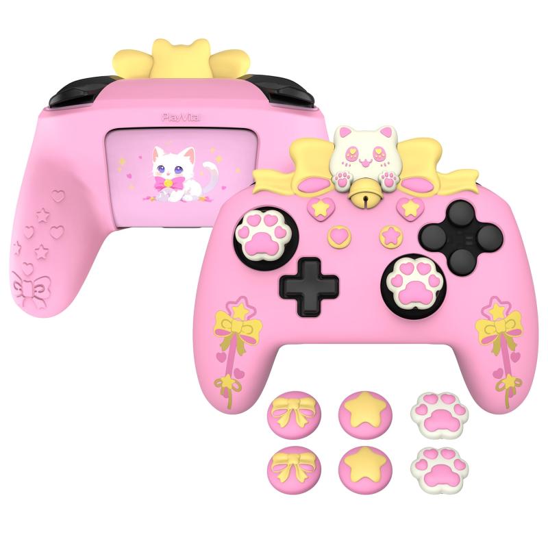 PlayVital Sweetheart Kittyシリコンカバー Switch Proコントローラー対応用 – 可愛い滑り止めグリップカバー、スイッチプロコン対応用ジョイスティックグリップや保護シリコンケース