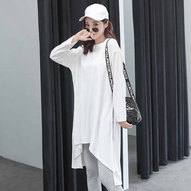 ワンピース レディース カットソーワンピース 長袖 チュニック ワンピース ミティアムワンピース ロングTシャツ 不規則 体型カバー ゆったり 無地 ラウンドネック お洒落 リラックス カジュアル スリット入り 個性的 大きいサイズ 春秋 夏新作