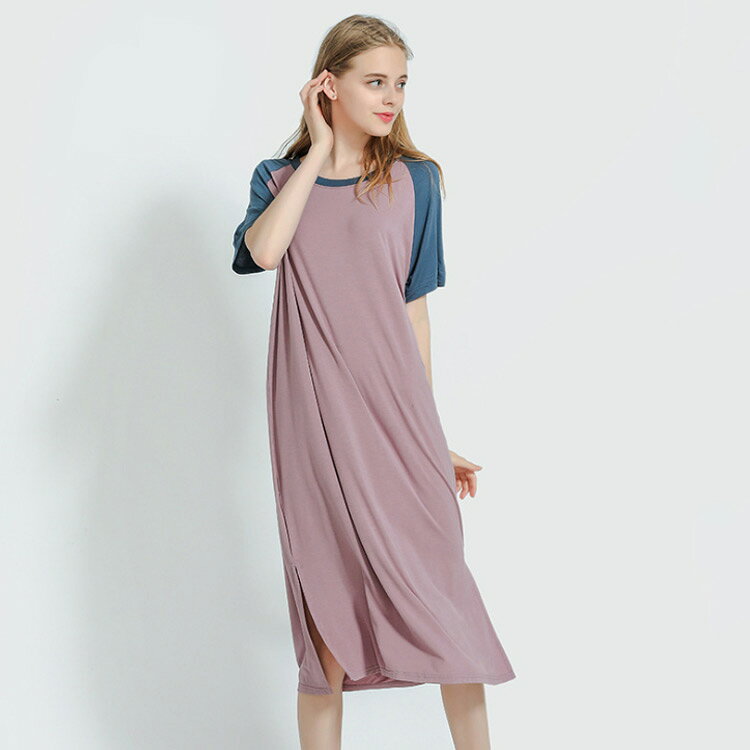 ワンピース マキシ丈 レディース スリット入り ルームウェア 半袖 体型カバー ゆったり 夏服 薄手 ロング丈 通気性 清涼感 部屋着 シンプル 快適