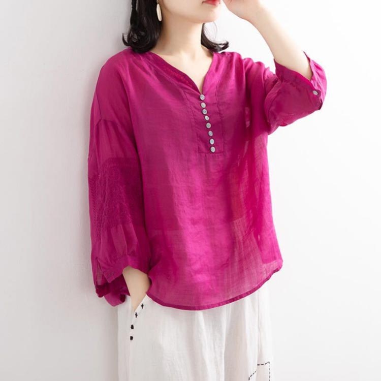 ブラウス レディース シャツ 刺繍 トップス 七分袖 Tシャツ プルーオーバー 綿麻 V...