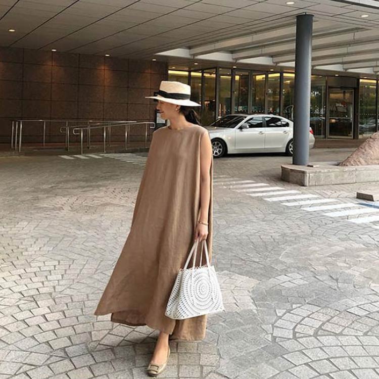 タンクトップ ワンピース リネンワンピース ノースリーブ ワンピース 麻混 マキシ丈 ロングワンピース 涼しい ゆるっと カジュアル Aライン ワンピ お洒落 ナチュラル 無地 きれいめ 大人 通勤 春夏
