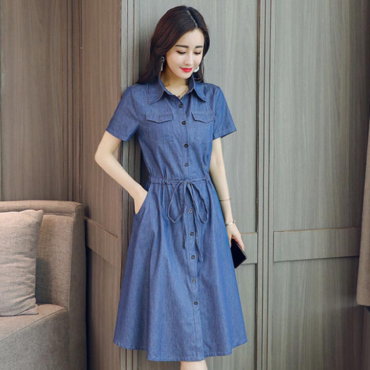 デニムシャツワンピース ワンピース デニムワンピース デニム シャツワンピース 半袖 前開き 膝下丈 襟付き ウエスト紐 aライン かわいい 送料無料