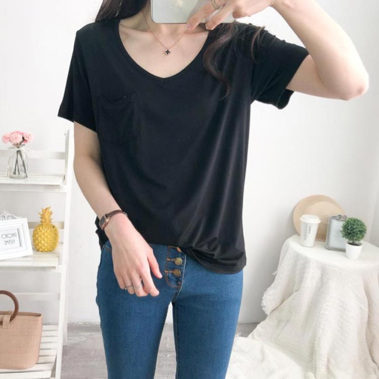 全5色×3サイズ！胸ポケット付きtシャツ　tシャツ　レディース　ゆるT　カットソー　半袖tシャツ　半袖カットソー　モーダル　vネックtシャツ　薄手　無地　vネック　大きサイズ　夏服　おしゃれ　可愛い 送料無料
