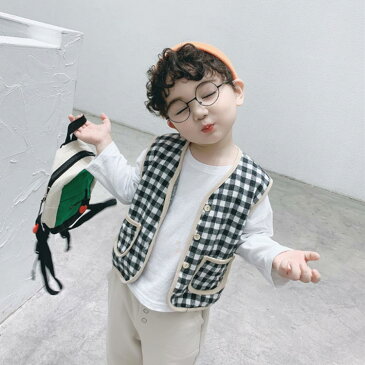 送料無料 ベスト キッズ ノースリーブ アウター ジャケット トップス 綿 薄手 チェック 子供服 子ども服 男の子 女の子 重ね着 襟無し フード無し カジュアル 赤ちゃん ベビー ベスト 羽織り 可愛い 冷房対策 保育園 幼稚園 通学 通園 ギフト 春 夏