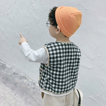 送料無料 ベスト キッズ ノースリーブ アウター ジャケット トップス 綿 薄手 チェック 子供服 子ども服 男の子 女の子 重ね着 襟無し フード無し カジュアル 赤ちゃん ベビー ベスト 羽織り 可愛い 冷房対策 保育園 幼稚園 通学 通園 ギフト 春 夏