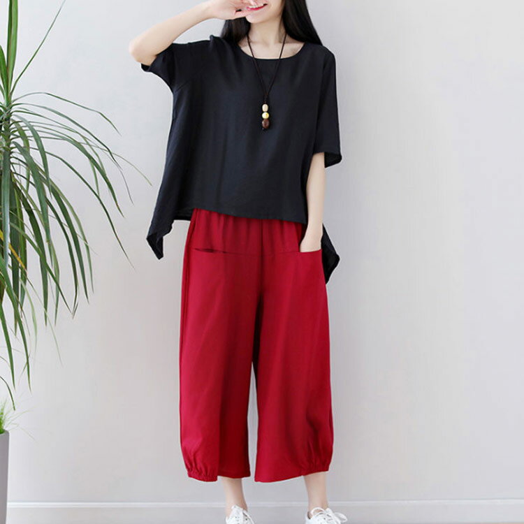 セットアップ レディース ガチョウパンツ ブラウス リネン 2点セット 上下セット 五分袖 九分丈　ワイドパンツ 体型カバー カジュアル ゆったり 送料無料 無地 薄手 通気性 お洒落 爽やか 春夏 夏新作 30代 40代 50代