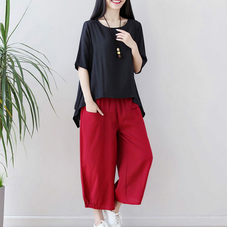 セットアップ レディース ガチョウパンツ ブラウス リネン 2点セット 上下セット 五分袖 九分丈　ワイドパンツ 体型カバー カジュアル ゆったり 送料無料 無地 薄手 通気性 お洒落 爽やか 春夏 夏新作 30代 40代 50代