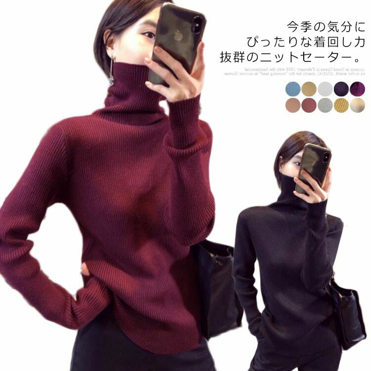 Long-Sleeved Knit - ニットセーター 長袖 レディース　ハイネック リブニット　タートルネック　トップス セーター　ストレッチ　秋冬服　着痩せ　キレイめ　お洒落