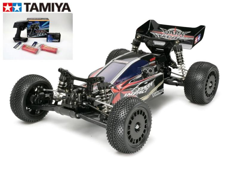 ！【TAMIYA/タミヤ】 58370 1/10 電動RC ダークインパクト ・走行用バッテリー2本、サンワ：MX-6 BL-SIGMA/HVS702仕様コンピュータプロポ付ビギナーセット（未組立） ≪ラジコン≫