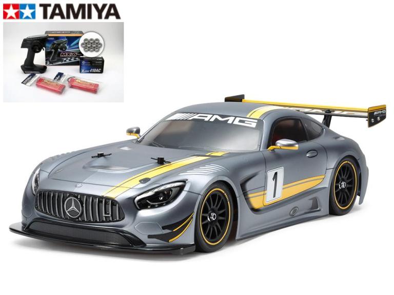 ！【TAMIYA/タミヤ】 58639 1/10 電動RC　MERCEDES-AMG GT3（TT-02シャーシ） 組立キット+ 走行用バッテリー2本、サンワ：MX-6 BL-SIGMA/HVS702仕様コンピュータプロポ+チャンプオリジナル：フルボールベアリング付ビギナーセット（未組立） ≪ラジコン≫