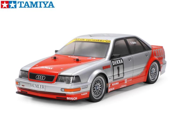 【 異彩を放つビッグサイズセダン 】 1990年にドイツツーリングカー選手権(DTM)に初参戦し、90年、91年と2年連続のチャンピオンに輝いたアウディ V8。1992年は3.6リッターV型8気筒エンジンのパワーアップなど、各部を改良していっそう戦闘力を高めました。大柄なボディとハイパワーエンジン、4WDシステム｢クワトロ｣、そして前年の成績から厳しい重量ハンデが課せられたものの、第2戦ニュルブルクリンクの雨の第1レースでは4WDを生かして表彰台を独占する活躍を見せました。ツーリングカーとしては異彩を放つ、このビッグサイズセダンを再現した電動ラジオコントロールカーの組み立てキットです。ボディは前後のライトケースも含めてポリカーボネート製。スポンサーロゴはもちろん、レッド部分をステッカーで用意して、カラーリングも手軽に仕上がります。 【 操縦性に優れ、セッティングも楽しいシャフトドライブ4WDのTT-02シャーシ 】 シャーシはシャフトドライブ4WDのTT-02を採用。走行用バッテリーを左、モーターを右に縦置きにレイアウトした好バランス設計により操縦安定性に優れ、サスアームやアップライトを左右共通化して組み立てやすく、上下分割式のギヤケースなどにより整備性も高い構成となっています。さらに、パーツの組み換えなどによりホイールベース、車高、トレッドがそれぞれ2種類選べ、10種類の幅広いギヤ比が選択できるモーターマウントなどセッティングも楽しめます。また、ホイールハブはブレーキディスク風のデザイン、ウレタンバンパーには実車のレーシングカートをイメージしたサポートパーツを装備するなど、遊び心もたっぷり。シルバーカラーのメッシュホイールには、レーシングカーらしいスリックタイヤを装着しました。 【 基本スペック 】 ●全長463mm、全幅188mm、全高138mm ●ホイールベース257mm ●タイヤ幅／径＝前後とも27/67mm ●フレーム＝バスタブタイプ ●駆動方式＝縦置きモーター・シャフトドライブ4WD ●デフギヤ＝前後とも樹脂製4ベベルタイプ ●ステアリング＝3分割タイロッド式 ●サスペンション＝4輪ダブルウィッシュボーン ●ダンパー＝前後ともフリクション ●ギヤ比＝キット標準8.27:1（別売のピニオンと組み合わせて11.38:1～7.28:1までの10種類のギヤ比が選択可能） ●モーター＝540タイプ ●スピードコントローラー＝ESC仕様（別売） ＜走行までに必要なもの＞ ●2chプロポセット（1アンプ・1サーボ） ●7．2Vストレートパックバッテリー ●走行用バッテリー用充電器 ●組立工具 ●送信機用単三形電池 ●ボディ塗装用塗料・他 ※掲載した画像はキットを組み立てしたものです。 【ご予約商品をお求めの方へ】 ★発売日はメーカーにより発表された目安です。発売が遅れたり、大幅に延期になる場合もございます。 また、発売が中止になる事もございますので予めご了承願います。 ★ご予約商品は生産途中のため、外観、商品仕様、価格などが変更される場合がございます。作る・見る・遊ぶ！ ラジコンを始めよう！ RCカーチューンアップの基本 ボールベアリングを車体に合わせて1台分セットしました。 【フルボールベアリングとは？】 キット付属の樹脂製や金属製の軸受けをボールベアリングに変更することで、 駆動効率がUPし軸受けの摩耗低減！ 走行時間の延長やスピードアップに欠かせないマストアイテムです。 ※本製品は、未組立の車体キットです。 走行までに必要なプロポ・バッテリー・充電器・組立工具・塗料は別売です。 ★ホビーチャンプでは、走行までに必要なプロポ、バッテリー、充電器、オリジナルフルボールベアリングをセットした、 フルボールベアリング付フルセットもご用意しております。 ★フルボールベアリング付オリジナルフルセット ご注文はこちら→タミヤ：ファインスペック電動RCドライブセット＋フルボールベアリングセット ご注文はこちら→サンワ：MX-6 コンピュータプロポ付フルセット＋フルボールベアリングセット ★組立工具をお持ちでない方には、ホビーチャンプオリジナル工具セットもご用意! ご注文はこちら→ホビーチャンプ：オリジナル工具セット ★ボディ塗装には、ポリカボネート専用スプレーが必要です。好みのカラーに仕上げましょう ! ご注文はこちら→タミヤ：ポリカボネートスプレー