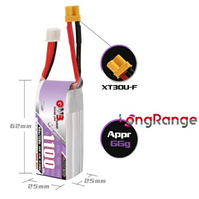 GNB1100mA3S11.4V60C　ハイレートLIPO M2V3PRO&M2EVO&M2V2などにも使用可能 サイズ:25*25*62 重量66g
