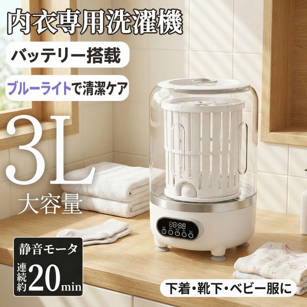 この小型洗濯機は、下着、靴下、赤ちゃんの服、パフ、タオルを徹底的に洗浄し、衣類の衛生的で新鮮なものを確保することができます。 商品情報 1.5 Lポータブル洗濯機: 小さな衣類を個別に洗濯するために設計されています。この小型洗濯機は、下着、靴下、赤ちゃんの服、タオルを徹底的に洗浄し、衣類の衛生的で新鮮なものを確保することができます。 商品詳細: ワイヤレスなので電源プラグを差し込む必要はありません 洗濯容量：400g(乾燥時の布質量) 600g(最大質量/衣類) 製品重量：0.8 kg サイズ：21.2 x 14.4 x 13.3cm 最大水量：1.2L 高性能: ニューウエープホイールデザイン、手洗い時の柔らかくて効果的な摩擦動作をシミュレートしています。このシステムは、ファインファブリックに優れたクリーニング効果を提供し、品質と完全性を維持します。 0.8 kg軽量ポータブル: 構造が軽く、重量はわずか0.8kg、輸送に便利で、いつでもどこでも洗濯することができる現実になり、アパート、寮、車などの小型生活空間に非常に適している。 【2つのタイミングモード】自動洗浄機能があり、2つのモードのタイミングボタンがあり、それぞれ5分、15分であり、完成すると自動的にリセットされるので、さまざまな洗濯要件を簡単に完了することができます。 注意事項 ・ラッピング対応は行っておりません。 ・予告なく仕様変更になる場合がございます。 ・写真はイメージです。実際の商品と若干異なる場合がございます。 ・基本は全国一律送料無料と対応させていただきますが、沖縄・北海道・離島地域へお届けの場合は別途送料をご請求させていただきます。 ・商品のサイズは採寸方法によって、若干な誤差が生じる場合はあります。ご了承ください。 品質保証 ・出品商品は全て新品未使用です。 ・安心の初期不良対応 ：万が一商品に不具合があった場合は、商品到着後7日以内にご連絡ください。 ・不具合の状況確認のため、写真や動画のご提供をお願いする場合がございます。確認後、速やかに「新品交換」または「ご返金」にて対応させていただきます。 ・お客様に安心してご購入いただけるよう、誠心誠意サポートいたします。「悪い評価」を付ける前に、まずはお気軽にご相談ください。 小型洗濯機, ミニ洗濯機, 携帯用洗濯機, ポータブル洗濯機, 卓上洗濯機, コンパクト洗濯機, 軽量0.8kg, 1.2L最大水量, 400g乾燥時布質量, 600g最大質量, 静音モータ, 高性能静音モータ, ワイヤレス洗濯機, 電源不要, 自動洗浄モード, 2つのタイミングモード, 手洗い風洗浄, ニューウエーブホイールデザイン, 下着洗い, 靴下洗い, ベビー服洗い, 赤ちゃんの服洗い, パフ洗い, タオル洗い, 衣類衛生, 消臭洗浄, 仕上がり新鮮, 旅行洗濯, 出張洗濯, 寮洗濯, アパート洗濯, 車載, 小型生活空間, 防災グッズ, 新生活準備, 一人暮らし, 乾燥前の下洗い, 部屋干し対策, おしゃれ, かわいい, シンプルデザイン, 省スペース, 楽天スーパーSALE, お買い物マラソン, ポイント消化, 送料無料, プレゼント, ギフト, 母の日, 父の日, 誕生日, 人気, おすすめ, 新生活, 家庭用, ベビーケア, のどケア, 癒し, リラックス注意事項：モニターの発色により、実物と異なる場合がございます。