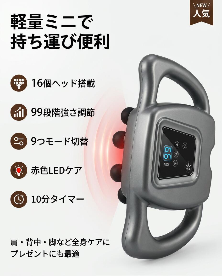 【軽量ミニで持ち運び便利】筋膜リリース ガン型器 16個ヘッド 99段階強さ調節 赤色LED機能 10分タイマー 筋肉用 肩用 ポイント消化 プレゼント ギフト 人気 おすすめ 新生活 母の日 父の