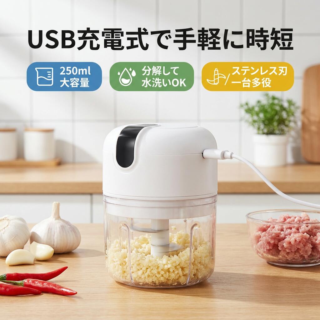 【製品仕様】： 材質： PC+ステンレス鋼 重量： 約200g 容量: 約250ml 充電方式： USB充電 サイズ： 直径： 約8.3cm 高さ： 約13cm カラー： ホワイト、ピンク、ブルー 適用： 離乳食、野菜、唐辛子、生姜、肉、ガーリックなど。 【製品説明】： 【素材】： 【本体】： PC 【ふた】： ポリプロピレン 【取っ手】： ABS樹脂 【刃】： ステンレス 【水洗い】： 可能 【電子レンジ】： 使用不可 【簡単な操作】： 操作方法はフードプロセッサーに食材を入れてふたを閉め、プッシュボタンを押すだけのシンプル仕様。初心者の方でも簡単に使えます。ブレードや容器はラクに分解でき、本体以外のパーツは食器洗浄機に対応。 【大容量バッテリー内蔵】： USB充電式で3時間充電するだけで2ヶ月も使えます。フル充電した場合最大50回使えます。充電ケーブルの取り外しができ上、コンパクトのため収納性が非常に高いです。 【収納便利・お手入れラク】： 出したままでも気にならないシンプルなデザインなので、手に取りやすい場所にスタンバイして置けば時短調理にも活躍。コンパクトなサイズで省スペースにも収納できるのも嬉しいポイントです。カップ、シャフト、ブレードは取り外して隅々まで水洗い可能。 【料理の幅が広がる】： 胡椒、ライス、スパイス、ナッツ、スパイスミックス、唐辛子、砂糖、穀物、塩、亜麻仁、ゴマ、ビーンズ、大蒜、ジンジャー、ニンニク、野菜、果物、赤ちゃんの離乳食などの様々な食材を素早く粉砕し、豊富なお料理に活用できます。 【お手入れについて】： カッターと容器は水かぬるま湯で薄めた台所用中性洗剤を含ませたスポンジで十分に洗い、よくすすいでください。 その後、乾いた布で水気をふき取り、湿気のない場所に収納してください。カバーはやわらかい布で汚れをふき取ってください。 【商品について】: サイズ は手作業にて測量しているため、1-2CMの誤差が生じる場合がございます。実物を基準にしてください。 撮影中は照明、カメラなどの機材のため、画像と製品の実際の色には微妙な違いがある場合があります。予めご了承くださいませ。 モデルに小物を使う場合がございますが、商品に含まれませんので、セット内容をご確認ください 注意事項 ・ラッピング対応は行っておりません。 ・予告なく仕様変更になる場合がございます。 ・写真はイメージです。実際の商品と若干異なる場合がございます。 ・基本は全国一律送料無料と対応させていただきますが、沖縄・北海道・離島地域へお届けの場合は別途送料をご請求させていただきます。 ・商品のサイズは採寸方法によって、若干な誤差が生じる場合はあります。ご了承ください。 品質保証 ・出品商品は全て新品未使用です。 ・安心の初期不良対応 ：万が一商品に不具合があった場合は、商品到着後7日以内にご連絡ください。 ・不具合の状況確認のため、写真や動画のご提供をお願いする場合がございます。確認後、速やかに「新品交換」または「ご返金」にて対応させていただきます。 ・お客様に安心してご購入いただけるよう、誠心誠意サポートいたします。「悪い評価」を付ける前に、まずはお気軽にご相談ください。 検索関連ワード 電動みじん切り器, スピードみじん切り器, みじん切り機, みじん切りチョッパー, フードチョッパー, ミニフードプロセッサー, USB充電式, USB充電, 充電式, コードレス調理, ワンボタン操作, プッシュボタン, 時短調理, 時短家電, ラクラク操作, 初心者でも簡単, 大容量250ml, 250ml, ステンレス刃, ステンレスブレード, PC本体, 水洗い可, 水洗いできる, 分解できる, 食洗機対応パーツ, 食器洗浄機対応, 野菜のみじん切り, 肉みじん切り, 唐辛子みじん切り, 生姜みじん切り, ガーリックみじん切り, 離乳食作り, 離乳食, 介護食, まとめて刻む, 一台多役, 多機能キッチン, スリム収納, 省スペース, コンパクト, 卓上調理, 家庭用, キッチン家電, 滑り止め, ホワイト, ピンク, ブルー, おしゃれ家電, 新生活, おすすめ, 人気, 母の日, 父の日, 誕生日, プレゼント, ギフト, ポイント消化, 楽天スーパーSALE, お買い物マラソン, 送料無料注意事項：モニターの発色により、実物と異なる場合がございます。