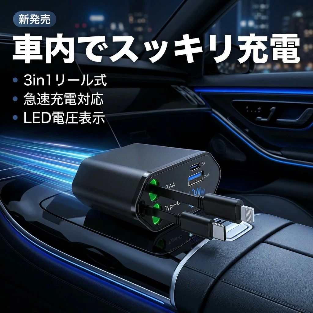 商品説明 トヨタ タンク M900A M910A 対応 車載充電器 2025モデル 商品特徴 素材 ABS＋PC サイズ 1396534.5mm 重量 158g ケーブル長さ 最大80cm 対応電圧 DC12V～24V 進化した機能とスマートな設計で、より速く、より安全な充電を実現 充電性能 QC3.0+PD対応で、Type-C ケーブル 急速充電合計最大120W Type-C（急速充電対応）: 5V/2.4A、9V/2A、12V/1.5A（最大100W） Lightning: 5V/2.4A（最大12W） USB-A: 5V/2.4A（最大12W） USB-C: 5V/3.0A（最大20W） 幅広い互換性 すべてのiOS/Android高速充電プロトコルと互換性があります 注意事項 ・ラッピング対応は行っておりません。 ・予告なく仕様変更になる場合がございます。 ・写真はイメージです。実際の商品と若干異なる場合がございます。 ・基本は全国一律送料無料と対応させていただきますが、沖縄・北海道・離島地域へお届けの場合は別途送料をご請求させていただきます。 ・商品のサイズは採寸方法によって、若干な誤差が生じる場合はあります。ご了承ください。 品質保証 ・出品商品は全て新品未使用です。 ・安心の初期不良対応 ：万が一商品に不具合があった場合は、商品到着後7日以内にご連絡ください。 ・不具合の状況確認のため、写真や動画のご提供をお願いする場合がございます。確認後、速やかに「新品交換」または「ご返金」にて対応させていただきます。 ・お客様に安心してご購入いただけるよう、誠心誠意サポートいたします。「悪い評価」を付ける前に、まずはお気軽にご相談ください。 カーチャージャー, シガーソケット充電器, 車載充電器, 車内充電, スマホ充電, 3in1 充電器, リール式 伸縮ケーブル, 伸縮コード, リールケーブル, 最大80cm, USB充電, USB-A, USB-C, Type-C, PD対応, QC3.0対応, 急速充電, 急速充電器, Lightning対応, iPhone充電, Android充電, DC12V 24V対応, 12V 24V, トヨタ タンク M900A M910A 対応, 車載用充電ケーブル, シガーチャージャー, ticar ポイント消化, ポイント消化, 新生活 充電, 母の日 プレゼント, 父の日 ギフト, 誕生日 ギフト, プレゼント, ギフト, 人気 おすすめ, 車内 便利, コンパクト 充電器, スリム デザイン, ABS PC素材, 高速充電プロトコル対応, オフィス 車移動, ドライブ 充電, 旅行 充電, 充電ケーブル 収納, 充電器 安心設計, 車載 スマホホルダー 連携, 2025モデル, 送料無料, 楽天スーパーSALE, お買い物マラソン注意事項：モニターの発色により、実物と異なる場合がございます。