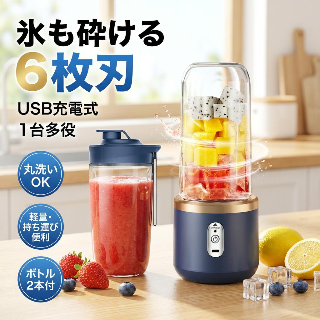 【氷も砕ける6枚刃】USB充電式 ボトルミキサー 携帯ジューサー スムージー ジュースミキサー 丸洗い可 軽量 持ち運び便利 1台多役 野菜 果物 氷対応 ポイント消化 プレゼント ギフト 人気