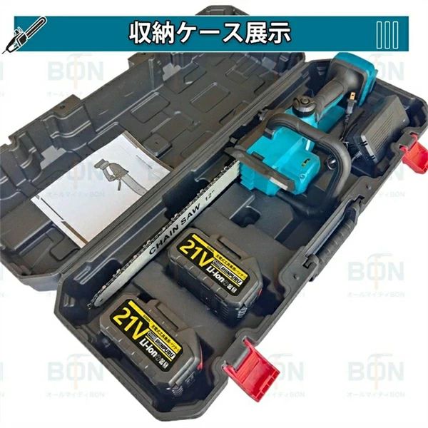 商品情報 【最新進化版＆コンパクトな電動チェーンソー】製品仕様：チェーン刃：1/12in、切断物径：30cm 以内、付属品：替刃 1 本、ドライブリンク数：45 コマ、ガイドバーの溝：050（1.3mm）、刃のピッチ：3/8"LP、ゲージ：0.050"(1.3mm)。 【ブラシレスモーター搭載で耐久性に優れた電動チェーンソー】ガイドバーは 12 インチで、チェーンスピードは 10M/S に達します。直径約 300mm の丸太や木材などを切断でき、切れ味は抜群です！コードレス充電式のチェーンソーで、600w の高出力を備えています。高性能なブラシレスモーターを採用しており、作動時に火花が発生せず、モーターの摩耗が少なく、寿命と効率が大幅に向上します。内蔵モーターは最大 8000 回転 / 分に達し、超強力な動力を提供するだけでなく、過電流保護、過熱保護、充電保護などのインテリジェントな保護機能も備えており、高効率かつ安全な作業をサポートします。 【コードレス18V バッテリー対応】マキタの 18V バッテリー BL1830、BL1840、BL1850、BL1860 に対応しています。電源コードを接続せずに充電して使用できるため、使用場所の制限がありませんし、作業中に線を切る心配もありません。 【自動給油機能搭載】潤滑用のチェーンソーオイルが使用でき、自動給油機能により、初心者でも非常に使いやすいです。自動給油の仕組み：使用前に、オイルをオイルタンクに入れてください。作業中はオイルが自動的にチェーンに供給されます。注：作業が完了したら、本体に残るオイルを注ぎ出してください。残留オイルが溢れ出して機械を損傷する危険性があるためです。 【安全安心な機能が充実】使用者の安全を確保するために、4 つの安全機能を搭載しています。 1、ダブルトリガー：ロックボタン付きで、安全ボタンとスイッチを同時に押さなければ、電動チェーンソー（充電式）は起動しません。偶発的な起動を防ぎます。 2、サイドハンドル：握りやすく、作業中の疲れを軽減し、快適に作業ができます。 3、安全バッフル：バッフルの設計により、使用時に飛び散る木屑を遮断し、手を傷つける心配がありません。 4、バーカバー：使用しない時にチェーンをバーカバーで覆うことができ、事故を防止します。 【強力で効率的】チェーンソー 充電式は軽量（電池を含めて2.6 kg）で小型なので、初心者に適しています。女性や高齢者にもおすすめです。電源コードを接続することなく使用できチェーンソーの多様化でき園の剪定、薪の切断、枝竹の切断、大型木製品のゴミの切断など、家庭での使用に非常に最適です。父、母、妻、夫、友人、DIY愛好家への素敵なプレゼントにいかがでしょうか。 【豊富な付属品＆幅広い用途】パッケージ内容：12インチミニチェンソー本体*1、レンチ*1、ねじまわし*1、ケース*1、12インチチェンソーは、家庭での各種用途、園芸、農園での使用に最適です。また、高枝切り、庭木かりこみ剪裁など家庭用に最適です。 【マルチシーン対応＆安心のアフターサービス】薪の切断、枝竹の切断、大型木製品のゴミの切断など、家庭での使用に非常に最適です。チェーンソーは出荷前に厳格な品質管理を行っておりますが、万が一お届けしたチェーンソーに不具合が発生した場合、返金・無償交換いたします。製品に関して何か問題があった場合は、お気軽にご連絡ください。お客様のニーズに対応し、24時間以内にご返事いたします。