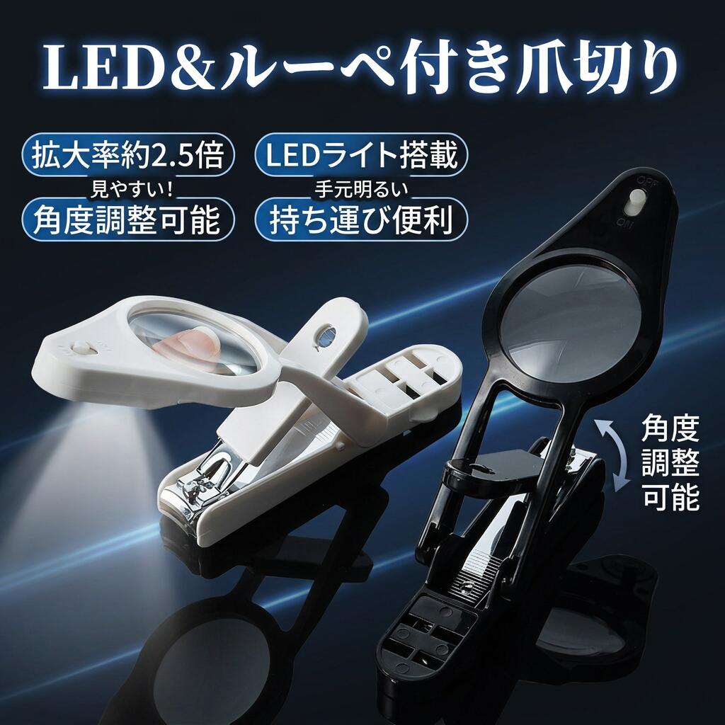 爪切り LEDライト付き つめきり 拡大鏡付き 飛び散らない やすり 硬い爪 巻き爪…