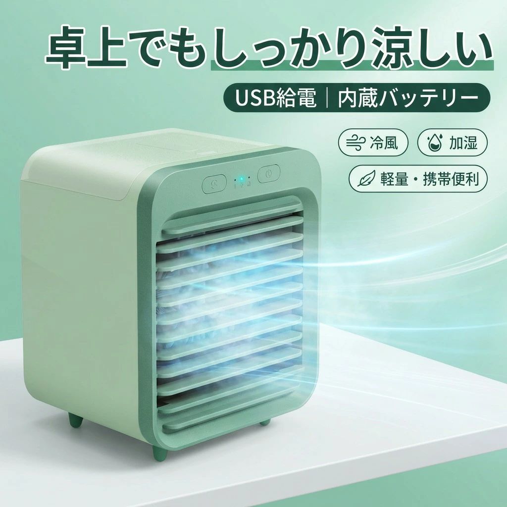 「弱」よりやさしく、冷えた風。 本格的な夏、熱くて寝苦しい日も柔らかくひんやりとした風が心地いい空間にしてくれる。 水と風の力で扇風機よりも涼しく、クーラーよりもやさしい。 一般的な「弱風」では叶わない、柔らかく心地よい風がここにはあります。 「おだやかな風を味わいたい」 「ひんやりした気持ちになりたい」 夏の気候によって受けたい快適さは違います。 風、水、氷の3つを組み合わせて、お好みの涼しさを受ける事ができます。 通常は扇風機のような感覚で送風運転。もっと涼しさが欲しいと感じ始めたら、水を入れ涼風運転。より涼しい風を送り出す事ができます。 メーカー希望小売価格はメーカーカタログに基づいて掲載しています 注意事項 ・ラッピング対応は行っておりません。 ・予告なく仕様変更になる場合がございます。 ・写真はイメージです。実際の商品と若干異なる場合がございます。 ・基本は全国一律送料無料と対応させていただきますが、沖縄・北海道・離島地域へお届けの場合は別途送料をご請求させていただきます。 ・商品のサイズは採寸方法によって、若干な誤差が生じる場合はあります。ご了承ください。 品質保証 ・出品商品は全て新品未使用です。 ・安心の初期不良対応 ：万が一商品に不具合があった場合は、商品到着後7日以内にご連絡ください。 ・不具合の状況確認のため、写真や動画のご提供をお願いする場合がございます。確認後、速やかに「新品交換」または「ご返金」にて対応させていただきます。 ・お客様に安心してご購入いただけるよう、誠心誠意サポートいたします。「悪い評価」を付ける前に、まずはお気軽にご相談ください。 卓上冷風機, 冷風機, ミニエアコンファン, 冷風扇, 小型クーラー, ポータブルエアコン, 冷却ファン, 扇風機, ボックス型クーラー, 卓上冷風扇, 軽量, 携帯型, ポータブル, デスク用, 机上, オフィス冷風, 自宅用, リビング, 寝室, 子ども部屋, 熱中症対策, 夏の暑さ対策, ひんやり, 涼しい風, やさしい冷風, 柔らかい風, 冷えた風, 水冷, 氷対応, 風と水の力, 送風運転, 涼風運転, 加湿, 冷風機 加湿, 省スペース, コンパクト, 小型家電, 夏家電, おしゃれ, トレンド, 高見え, プレゼント, ギフト, 新生活, 母の日, 父の日, 誕生日, ポイント消化, 楽天スーパーSALE, お買い物マラソン, 送料無料, 人気, おすすめ, 新生活家電, デスクワーク, 在宅勤務, 熱帯夜対策, 省エネ, 静音設計注意事項：モニターの発色により、実物と異なる場合がございます。