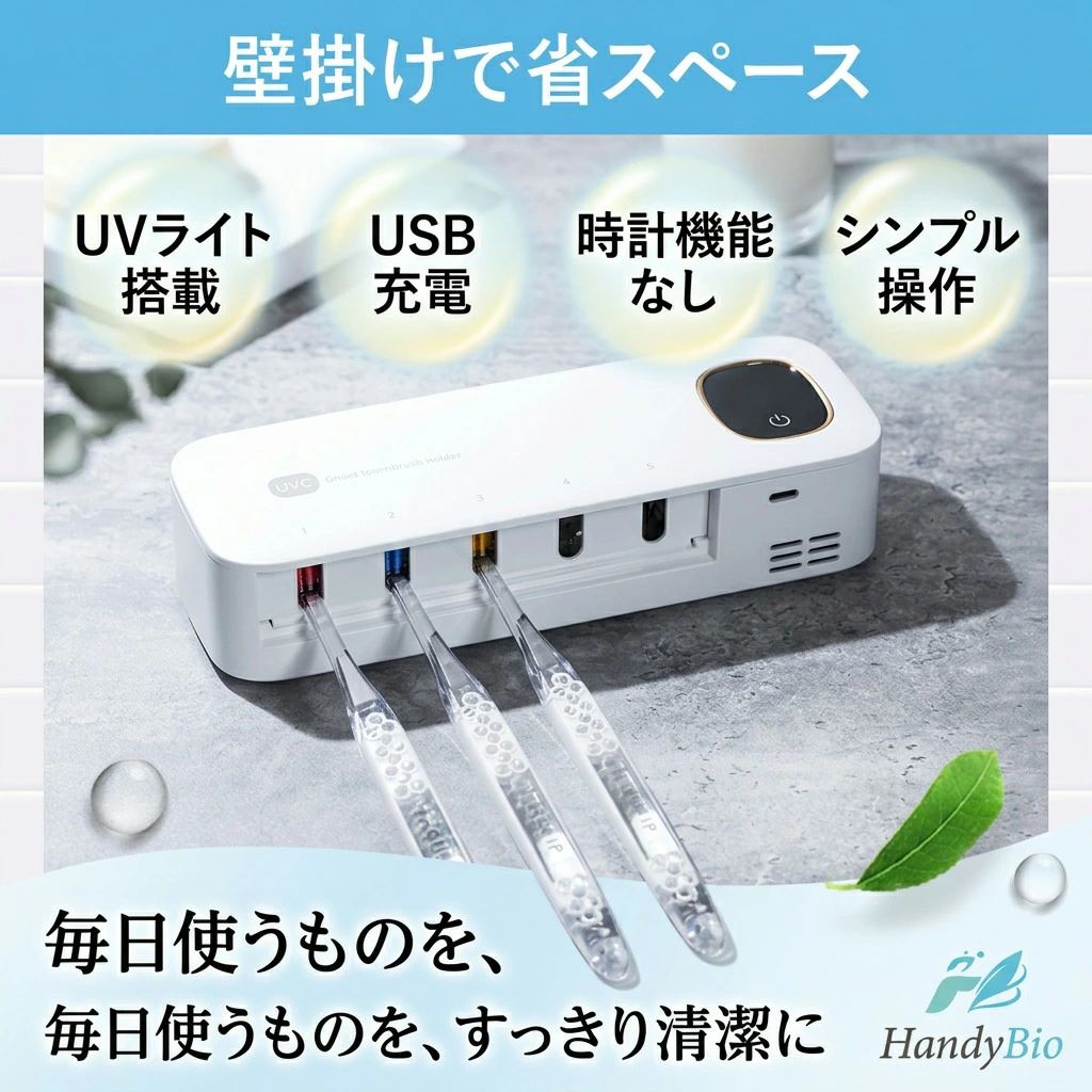 【壁掛けで省スペース】HandyBio 歯ブラシホルダー UVライト搭載 USB充電 ホワイト 時計機能なし 歯ブラシ ケース 収納 壁掛け おしゃれ 洗面所 洗面台 バスルーム コンパクト シンプル ポイント消化 プレゼント ギフト 人気 おすすめ 新生活 母の日 父の日 誕生日