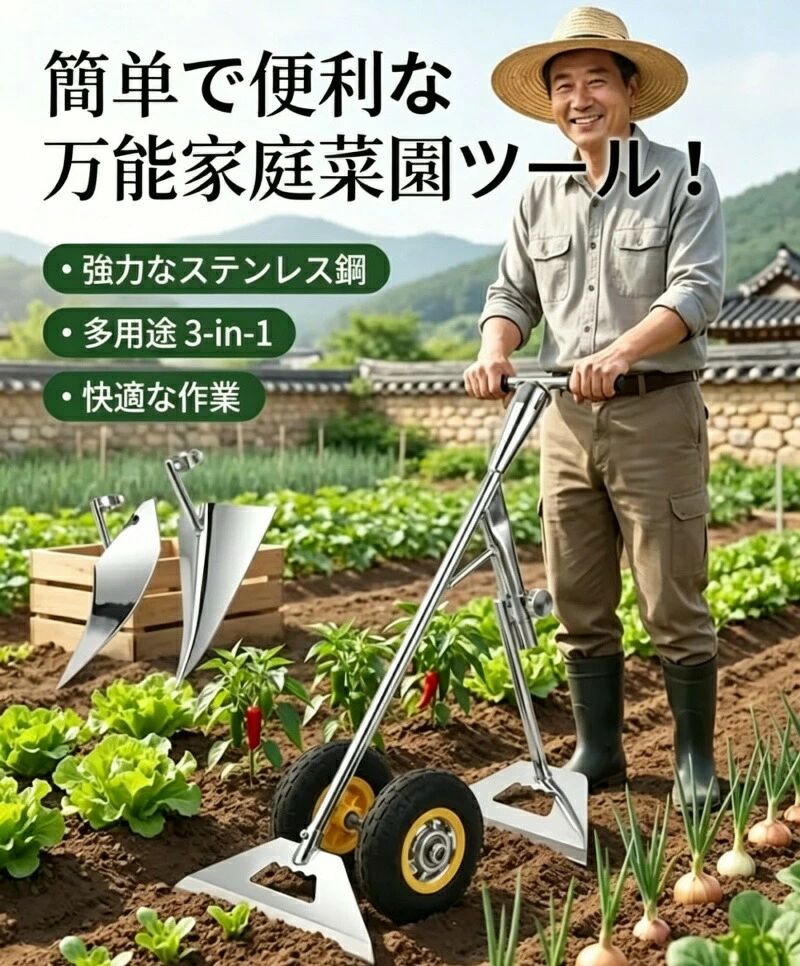 三角ホー 鍬 農業用三合一除草マジック器 腰を痛めず 溝掘り?除草?耕土?土かぶせが可能 マンガン鋼製 三角鍬 二輪アシスト鋤プラウ 二重軸三合一多機能草取り機 軽量 丈夫 耐久性 使いや