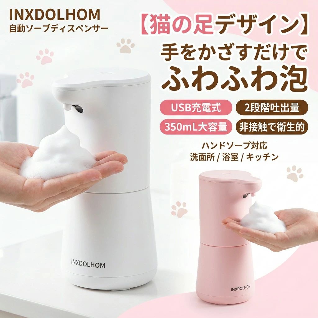 自動ソープディスペンサー 泡タイプ 猫の足 猫 ネコ ハンドソープ 自動感知 非接触 卓上用 電動 泡立ち 洗面所 浴室 キッチン 家庭用 2段階吐出量 自動洗浄機能 USB充電式 1500mAh 大容量 350ML かわいい 清潔対策 衛生管理 大人 子供 プレゼント ギフト 手をかざすだけでふわふわ泡。可愛い猫の足デザインで、毎日の手洗いがもっと楽しく清潔に。 商品情報 商品説明自動感知・非接触：手をかざすだけで泡が出て、衛生的に手洗い可能。 泡タイプ＆2段階吐出量：用途に合わせて泡量を調整でき、使い過ぎを防止。 猫の手デザイン：可愛らしい見た目で、洗面所やキッチンのアクセントに。 USB充電式（1500mAh）：繰り返し使えて経済的、コードレスで設置自由。 自動洗浄機能付き：内部を清潔に保ち、毎日安心して使用可能。 注意事項 ・ラッピング対応は行っておりません。 ・予告なく仕様変更になる場合がございます。 ・写真はイメージです。実際の商品と若干異なる場合がございます。 ・基本は全国一律送料無料と対応させていただきますが、沖縄・北海道・離島地域へお届けの場合は別途送料をご請求させていただきます。 ・商品のサイズは採寸方法によって、若干な誤差が生じる場合はあります。ご了承ください。 品質保証 ・出品商品は全て新品未使用です。 ・安心の初期不良対応 ：万が一商品に不具合があった場合は、商品到着後7日以内にご連絡ください。 ・不具合の状況確認のため、写真や動画のご提供をお願いする場合がございます。確認後、速やかに「新品交換」または「ご返金」にて対応させていただきます。 ・お客様に安心してご購入いただけるよう、誠心誠意サポートいたします。「悪い評価」を付ける前に、まずはお気軽にご相談ください。 自動ソープディスペンサー, 泡タイプ, 泡ソープ, ハンドソープ, ハンドソープ 自動感知, 非接触, タッチレス, 自動吐出, 電動ソープディスペンサー, 卓上用, コードレス, USB充電式, 1500mAh, 350ML, 大容量, 2段階吐出量, 泡量調整, 使い過ぎ防止, 自動洗浄機能, 清潔対策, 衛生管理, 手洗い習慣, 洗面所, 浴室, キッチン, 家庭用, 子供用, 大人用, かわいい, 猫の足デザイン, ネコモチーフ, 猫柄, おしゃれ, コンパクト, インテリア, プレゼント, ギフト, プチギフト, 新生活, ポイント消化, 楽天スーパーSALE, お買い物マラソン, 人気, おすすめ, 手をかざすだけ, ふわふわ泡, 猫 手 ディスペンサー, ハンドソープ 泡, 衛生的 手洗い, 非接触 ハンドソープ, 自動泡出し, 電動泡タイプ, 玄関 洗面台, オフィス 衛生, こども 手洗い注意事項：モニターの発色により、実物と異なる場合がございます。