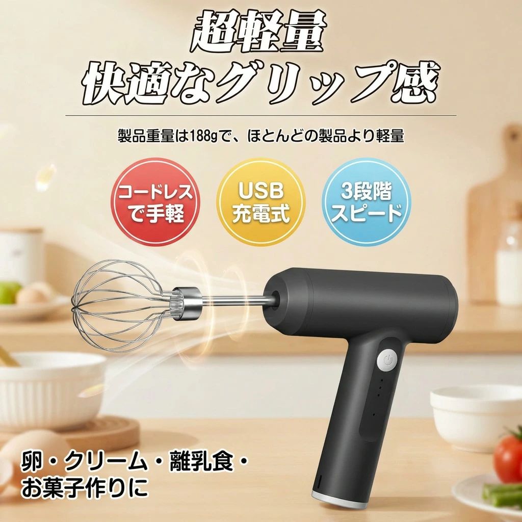 【コードレスで手軽】ハンドミキサー 電動泡立て器 軽量 小型泡立て器 3段階スピード USB充電式 電動マドラー 離乳食 卵 たまご クリーム ジャム ミルクセーキ お菓子作り ケーキ作り キッチン 美容院 美容師用 カラー剤混ぜる ポイント消化 プレゼント ギフト 人気 おすすめ