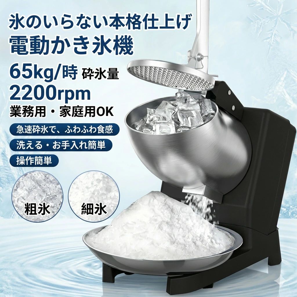 \\スーパーSALE限定半額！/電動かき氷機 かきごおり機 電気砕氷機 業務用 電動かき氷機 業務用かき氷機 (65kg /時 2200rpm) 操作簡単 洗える 家庭用 商業用 氷のいらないかき氷機でオリジナルかき氷が作れます！ 1年保証付きで安心です！イベント(キッチンカー、カフェ、飲食店）で大活躍！ 商品情報 【高出力＆高効率】【65kg/hで大量製氷】 300Wモーター搭載で安定したパワーを発揮。1時間あたり最大65kgの砕氷が可能。家庭用から飲食店まで、短時間でふわふわ氷を大量生産。 【より高いより簡単】氷機はカップで直接砕氷を受け止めることができます。業務を簡単にします！ 【細部にこだわる】両刃です、氷の無駄遣いを最小限に抑えます！ 【業務用家庭用】業務用：2200r/min回転数、1sでかき氷が作られ、 1回で約3人前のかき氷ができ、効率を向上させます。家庭用：いつでもお店のような氷を食べられるし、節約しながら衛生的です。 【安心・安全】マイクロスイッチで、フタを開けるとかき氷が自動で止まます。放熱機能付き、夏の暑さの中で、マシンが安全に動作することを確認します。 重要メーカー希望小売価格はメーカーサイトに基づいて掲載しています メーカー希望小売価格はメーカーサイトに基づいて掲載しています メーカー希望小売価格はメーカーサイトに基づいて掲載しています 注意事項 ・ラッピング対応は行っておりません。 ・予告なく仕様変更になる場合がございます。 ・写真はイメージです。実際の商品と若干異なる場合がございます。 ・基本は全国一律送料無料と対応させていただきますが、沖縄・北海道・離島地域へお届けの場合は別途送料をご請求させていただきます。 ・商品のサイズは採寸方法によって、若干な誤差が生じる場合はあります。ご了承ください。 品質保証 ・出品商品は全て新品未使用です。 ・安心の初期不良対応 ：万が一商品に不具合があった場合は、商品到着後7日以内にご連絡ください。 ・不具合の状況確認のため、写真や動画のご提供をお願いする場合がございます。確認後、速やかに「新品交換」または「ご返金」にて対応させていただきます。 ・お客様に安心してご購入いただけるよう、誠心誠意サポートいたします。「悪い評価」を付ける前に、まずはお気軽にご相談ください。 電動かき氷機, かきごおり機, 電気砕氷機, かき氷器, 氷のいらないかき氷機, かき氷メーカー, ふわふわかき氷, オリジナルかき氷, 業務用かき氷機, 家庭用かき氷機, キッチンカー用, カフェ用, 飲食店用, イベント出店, 夏祭り屋台, 300Wモーター, 65kg/時, 2200rpm, 高出力, 高効率, 大量生産, 短時間, すばやく作れる, 操作簡単, ワンタッチ操作, 洗える, 分解洗浄, 両刃, 氷の無駄遣いを抑える, カップ直接受け, 衛生的, 省スペース, 卓上設置, コンパクト, お店みたい, 本格仕上げ, 1年保証, 安心安全, マイクロスイッチ, 自動停止, 放熱機能, キッチンカー, ポイント消化, プレゼント, ギフト, 新生活, 母の日, 父の日, 誕生日, 人気, おすすめ, 楽天スーパーSALE, お買い物マラソン, 送料無料注意事項：モニターの発色により、実物と異なる場合がございます。