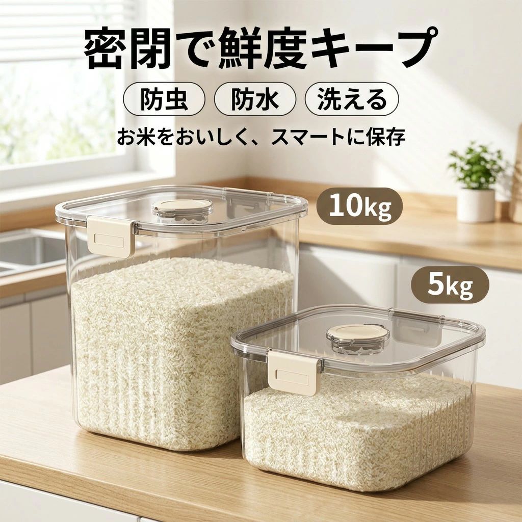 商品名 米びつ chu-2408 商品詳細商品状態：新品未使用商品：名密閉米びつ5ー10kg カラー：透明素材：PPプラスチックサイズ本体：約幅29奥行24.2高さ15.5－26.5cm重量本体：約0.6－0.7kg内容量本体：約12L（お米：約10kg） サイズは人の手によって測っているため、約1-3cmの誤差がある場合がございます。予めご了承下さいませ。 素材 ポリエステル 生産国 中国 【ファッション姫】 注意事項 ・ラッピング対応は行っておりません。 ・予告なく仕様変更になる場合がございます。 ・写真はイメージです。実際の商品と若干異なる場合がございます。 ・基本は全国一律送料無料と対応させていただきますが、沖縄・北海道・離島地域へお届けの場合は別途送料をご請求させていただきます。 ・商品のサイズは採寸方法によって、若干な誤差が生じる場合はあります。ご了承ください。 品質保証 ・出品商品は全て新品未使用です。 ・安心の初期不良対応 ：万が一商品に不具合があった場合は、商品到着後7日以内にご連絡ください。 ・不具合の状況確認のため、写真や動画のご提供をお願いする場合がございます。確認後、速やかに「新品交換」または「ご返金」にて対応させていただきます。 ・お客様に安心してご購入いただけるよう、誠心誠意サポートいたします。「悪い評価」を付ける前に、まずはお気軽にご相談ください。 米びつ, 密閉米びつ, 米櫃, ライスストッカー, お米保存容器, お米収納ケース, 防虫米びつ, 防虫防水, 鮮度キープ, 鮮度長持ち, 5kg 米びつ, 10kg 米びつ, 大容量 約10kg, 12Lタイプ, シンプル, おしゃれ, 透明, クリア, PPプラスチック, 洗える米びつ, 洗浄簡単, 清潔, キッチン収納, シンク下収納, 冷蔵庫 野菜室, 冷蔵庫収納, 卓上収納, パントリー収納, 省スペース, コンパクト, モダン, 北欧風, 高見え, トレンド, 新生活, プレゼント, ギフト, 母の日, 父の日, ポイント消化, 楽天スーパーSALE, お買い物マラソン, 送料無料, ケース, 保管容器, 米の保管, 米収納, まとめ買い, 防湿対策, 虫対策, 食品ストック, 家庭用注意事項：モニターの発色により、実物と異なる場合がございます。