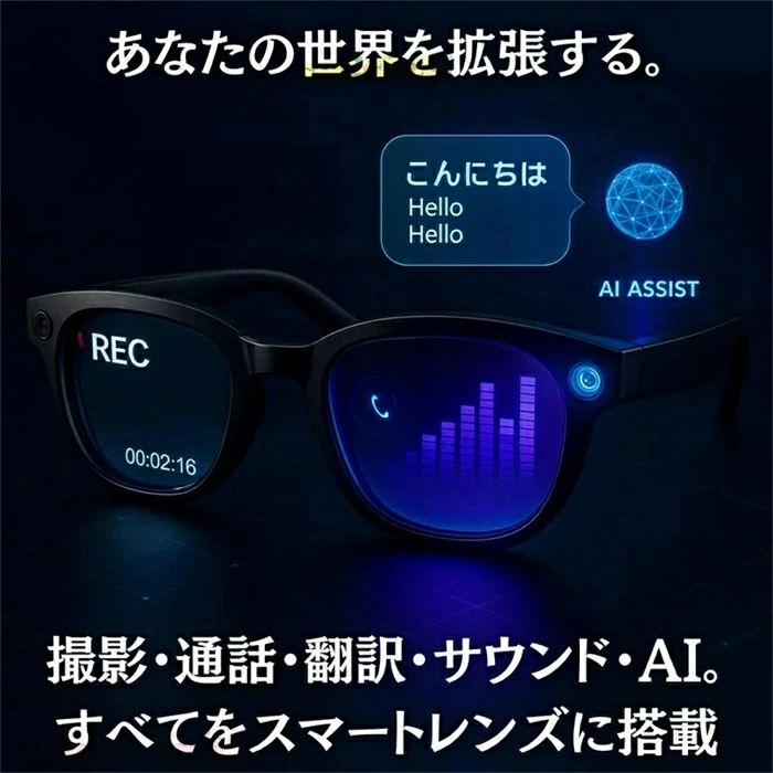 すべてがひとつに。 次世代スマートグラス 「New AIスマートレンズ」は、テクノロジーとデザインが融合した次世代のスマートグラスです。視覚体験を新しい次元へと導き、あなたの世界を拡張します。日常のあらゆるシーンで、スマートメガネとしてだけでなく、サングラス型イヤホンやオーディオグラスとしても機能。まるで未来を見据えるようなデザインで、ARグラスとしての可能性も広がります。 そのまま、リアルに。進化した視覚体験 8メガピクセルで「見ている瞬間」をリアルに記録。EIS防振アルゴリズムにより、動きの中でも映像がぶれることなく滑らかです。補正で目に優しく、長時間使用でも疲れにくい視界を実現。スマートグラスでありながら、高精細レンズ（MTF > 0.88）で微細な陰影まで再現。SNS投稿やライブ配信もスムーズに行えます。 音とことばの壁を越える。スマートな日常へ。 Bluetooth メガネとして、高音質なサウンドを耳元に届けます。ノイズリダクション機能により、クリアな通話が可能。さらに、リアルタイム翻訳機能を搭載し、声を自動で翻訳して目元に表示。旅もビジネスもシームレスに。メガネ型イヤホンとして音楽や通話を楽しみながら、スマートグラス iPhone対応でどこでも接続が途切れません。 装着感とデザインバリエーション わずか38gの軽量設計で、長時間の装着も快適です。MサイズとLサイズの2種類を展開し、男女問わずフィット。クリアレンズは調光機能付きで、紫外線量に応じて濃度が変化。また、サングラス イヤホンとしても使える高透過率レンズモデルも選択可能。オーディオサングラスとして、日常からアウトドアまで幅広く活用できます。 AI連携とバッテリー性能 内蔵AIが音声で全てをコントロール。質問に答えたり、天気を教えたり、あなたのパーソナルアシスタントとして機能します。大容量リチウムバッテリーとAI電力制御により、省エネかつ長時間駆動を実現。スマートグラス 骨伝導モデルも検討可能で、ワイヤレスのメガネいやほんとしても優れた性能を発揮。一日中、あなたの行動をサポートします。 【注意事項】 ※初期不良の場合は到着後3営業日以内にご連絡ください。 ※モニターの違いにより、実際の商品の色が画像と異なる場合があります。 ※手動測定とは異なるため、わずかな寸法の違いを許容してくださ い。 ※運送事故により箱が潰れる可能性がございます。 ※更新のタイミングによっては実在庫に相違が出る場合がございます。万が一在庫切れや入荷待ちとなる場合は別途メールにてご連絡いたします。 ※お問い合わせとメールを承りますので、質問や苦情を相談して有効に解決しましょう。勝手に悪いレビューをしないでお願い致します。 ※取り扱い上のご注意をよくお読みの上ご使用下さい。 【品質保証】 ◎※販売している商品は全て新品未使用です、倉庫から出荷前に検品必要ですので、箱を開封する場合もございます、予めご了承くださいませ。 ※製造時期によりデザインや仕様に若干の変更がある場合がございます。予めご了承ください。 ※本機を利用したことによる、直接もしくは間接的に生じた損害、破損について当店は一切の責任を負いません。 ※パッケージや衣装箱が予告無く変更になる場合がございます。 【※【下記の場合も返品・交換をお受けできません】 ・ ご使用済・洗濯済場合 ・ お客様の元できずまたは破損・汚損が生じている場合 ・ 商品ににおいが付着している場合 ・ 過度な返品・交換を繰り返している場合 ・ 転売目的であると弊社が判断した場合 　 （弊社が転売目的と判断した場合を含みます） ●色味が異なる・臭いなどの理由の交換・返金はお受けできません。ご了承くださいませ。 ※取り扱い上のご注意をよくお読みの上ご使用下さい