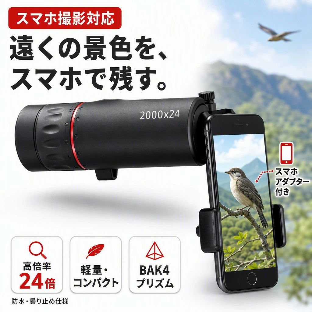 【スマホ撮影対応の高倍率】2000×24 単眼鏡 望遠鏡 モノスコープ 電話アダプター付...