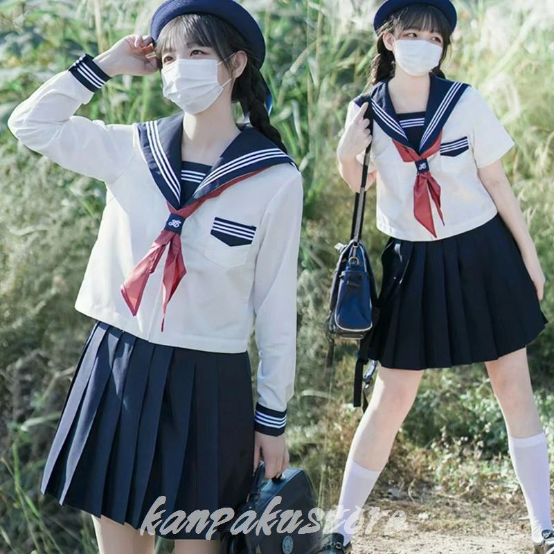 商品内容 （ブラウス＋スカート＋蝶ネクタイ） 大人可愛いセーラー服上下セット ふんわり揺れる可愛いプリーツスカート 結びスカーフも含めております 程よくゆとりのあるシルエット ●おすすめポイント 《1》幅広いシーンで活躍できるセーラー服 《2》春秋の季節にふさわしい程よい厚みの生地感 《3》お洒落なダブルボタン設計がポイント 素材 ポリエステル100％ ご注意 ※PC環境・光の具合により、色や素材のイメージが写真と若干異なる場合がございます。 ※モデル・写真に使用されているアクセサリー・小物は別途記載が無い限り付属いたしません。 ※本製品を使用して発生しうる、事故、損害、損傷、破損等、さらに二次的事故損害についても 弊社では一切の責任を負いかねます。 ※新品ですが、輸入品のため稀に汚れや傷等がある場合がございますが、ご了承下さい。 ※外観及び仕様は予告なく変更になる場合もございます。 ※初期不良の場合、新品を交換することまたは返品が可能でございますので、お気軽にお問い合わせくださいませ。 ※モニターの違いにより、商品の実際の色が画像と異なる場合があります。 ※個人の測定方法が異なるため、物理的な誤差が1-3cmある場合があります。 ありがとうございました！ ※該当商品は他店と在庫共有です。タイミングにより、在庫ズレが生じる場合がございます。予めご了承ください。 製造国 中国製（日本の企画により厳格に生産されています。）