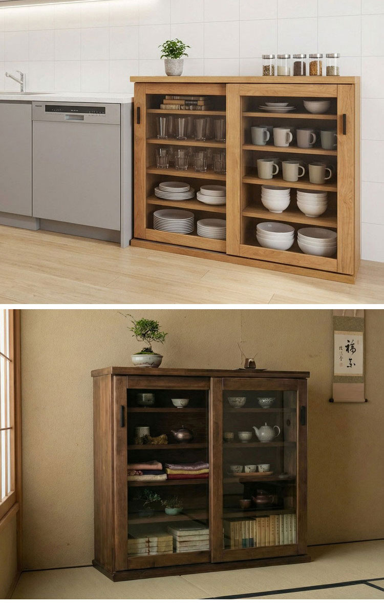 収納棚 シェルフ ラック スリム 完成品 国産 幅90 奥行30 高さ85 カウンター下収納 アルダー無垢材 天然木 木製 北欧 省スペース 棚 ガラス 引き戸 ナチュラル ブラウン インテリア おしゃれ(代引不可)【送料無料】