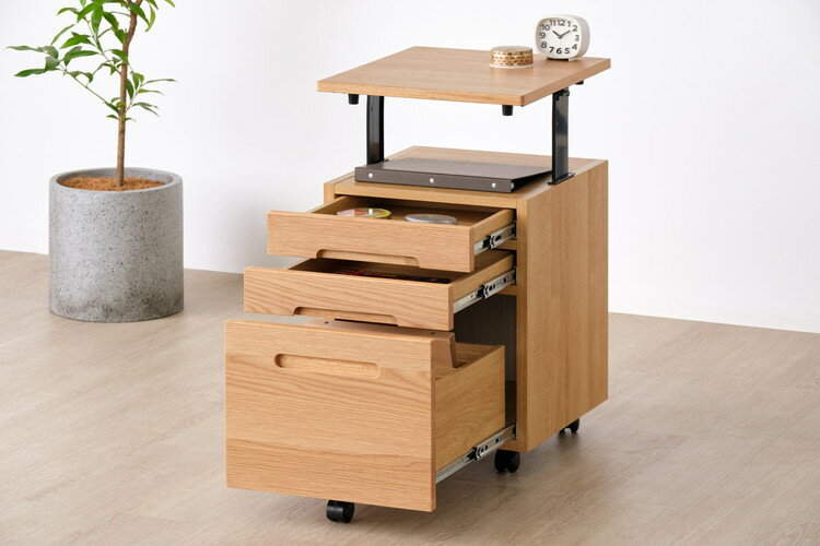 一生紀 デスクワゴン 完成品 天板昇降 オーク材 ワゴン単品 キャスター付き チェスト 引き出し 収納 サイドワゴン プリンター台 プリンターワゴン おしゃれ ナチュラル 北欧 ISSEIKI RARA(代引不可)【送料無料】 [2]