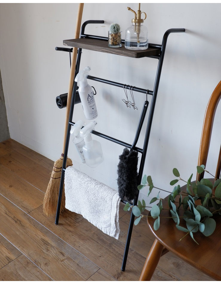 ラダーラック 幅47cm 奥行26cm 高さ86cm スチール アイアン 天然木 天板 タオル掛け 洋服掛け フック ハンガー 棚 玄関(代引不可)【送料無料】