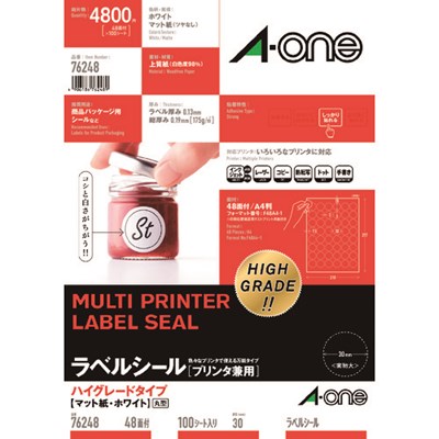特長●しっかりした厚みと印刷が映える高白色の上質紙を採用した、貼り心地の良いラベルです。●いろいろなプリンタで印刷できるラベルシールです。●箱の表示や掲示物などの表示に最適です。●いろいろな筆記具で書き込みもできるので手軽に使うことができます。仕様●色：白●面付：6列×8段(48面)●1パック内：4800片●シートサイズ：A4●ラベルサイズ直径(mm)：30仕様2●総厚さ：0.19mm、ラベル厚さ：0.13mm●シートサイズ：A4●プリンタ兼用材質／仕上●上質紙原産国（名称）：日本【代引きについて】こちらの商品は、代引きでの出荷は受け付けておりません。【送料について】北海道、沖縄、離島は送料を頂きます。