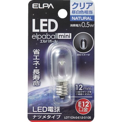 特長●光源にはLEDを使用していますので、消費電力が少ない省エネタイプです。●常夜灯、サイン用照明に適しています。仕様●明るさ(lm)：18●光源色：クリア昼白色相当●外径(mm)：20●全長(mm)：46●消費電力(W)：0.5●口金：E12●定格寿命(時間)：30000●標準消費電力料金：0.01円/h●電源(V)：AC100V●交流電源：100V 50/60Hz共用●定格入力電流(A)：0.006●設計寿命(時間)：30000仕様2●屋内用●電源：AC100V●定格寿命：30000時間原産国（名称）：台湾【代引きについて】こちらの商品は、代引きでの出荷は受け付けておりません。【送料について】北海道、沖縄、離島は送料を頂きます。