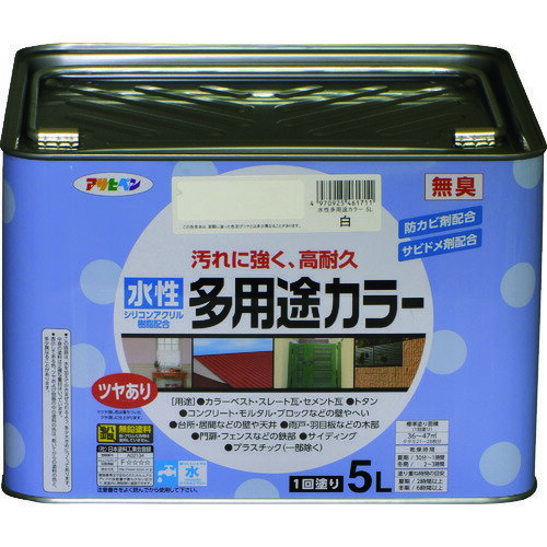 特長●汚れに強く、耐久性に優れた高性能塗料です。●防カビ剤・サビドメ剤を配合していますので、カビやサビの発生を防ぎます。●いやな臭いのしない無臭タイプで、1回塗りで仕上がります。●厚塗りしてもタレにくく、たいへん塗りやすい塗料です。用途●屋内外の木部・鉄部・サイディング・モルタル・コンクリートの壁や塀・かわら（カラーベスト・スレート瓦・セメント瓦）・トタン・プラスチック（発砲スチロール・アクリル・硬質塩ビ）。仕様●色：白●容量(L)：5●乾燥時間：30分〜1時間(夏期)、2〜3時間(冬期)●指触乾燥時間：30分〜1時間●塗り重ね可能時間：30分〜1時間(夏期)、2〜3時間(冬期)●塗り重ね回数：1●塗布面積(［［M2］］)：11〜15(1回塗り)仕様2●建築基準法(F☆☆☆☆)対応商品材質/仕上●合成樹脂（アクリル樹脂）、顔料、防カビ剤、水原産国：日本【代引きについて】こちらの商品は、代引きでの出荷は受け付けておりません。【送料について】北海道、沖縄、離島は送料を頂きます。